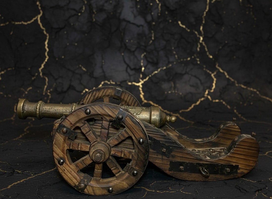 Large Vintage Spanish Copper Cannon on Wood Stand Decorative Steel Studs: Title:Large Vintage Spanish Copper Cannon on Wood Stand Decorative Steel Studs Description:This vintage display piece captures the classic aesthetic of a traditional canon. The item features