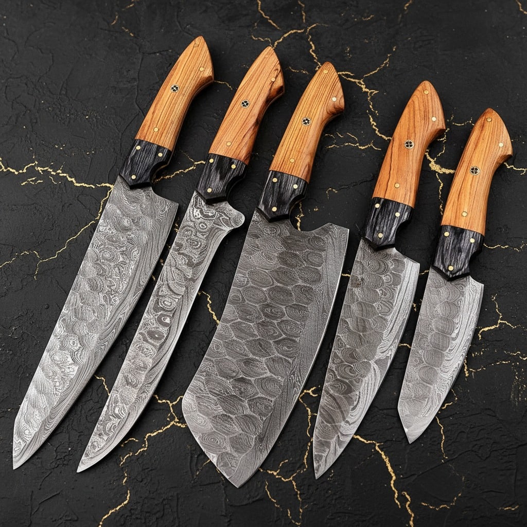 5pc Hand Forged Damascus Steel Kitchen Knife Set w/ Wood Handles & Leather Sheath: Title:5pc Hand Forged Damascus Steel Kitchen Knife Set w/ Wood Handles & Leather Sheath Description:This is a custom hand-forged 5-piece kitchen knife set. The blades are crafted from high-carbon