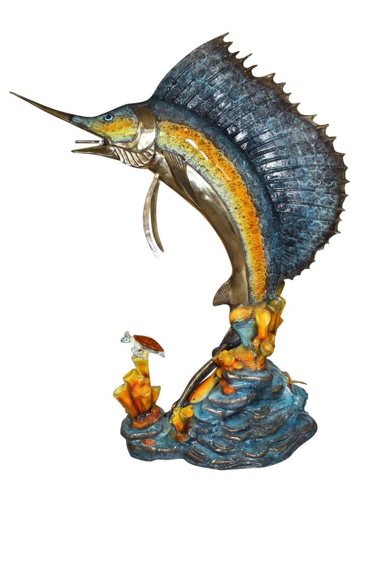 Large Sailfish Bronze Statue - Size: 38"L x 24"W x 67"H.: Title:Large Sailfish Bronze Statue - Size: 38"L x 24"W x 67"H. Description:A beautiful Giant Sailfish sculpture standing 67" tall in a natural form along with a large turtle. A timeless Creation in