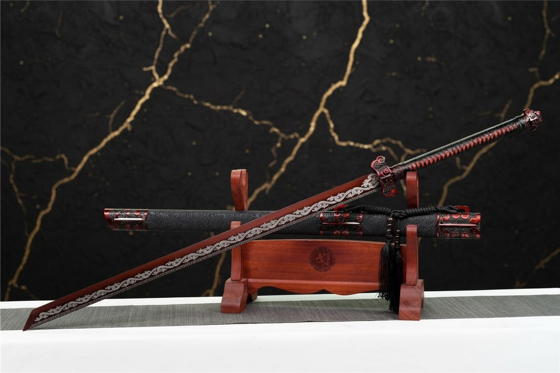 44" Functional Red Dragon Ninjato, Hand-Forged 1095 Carbon Steel Broadsword - 15
