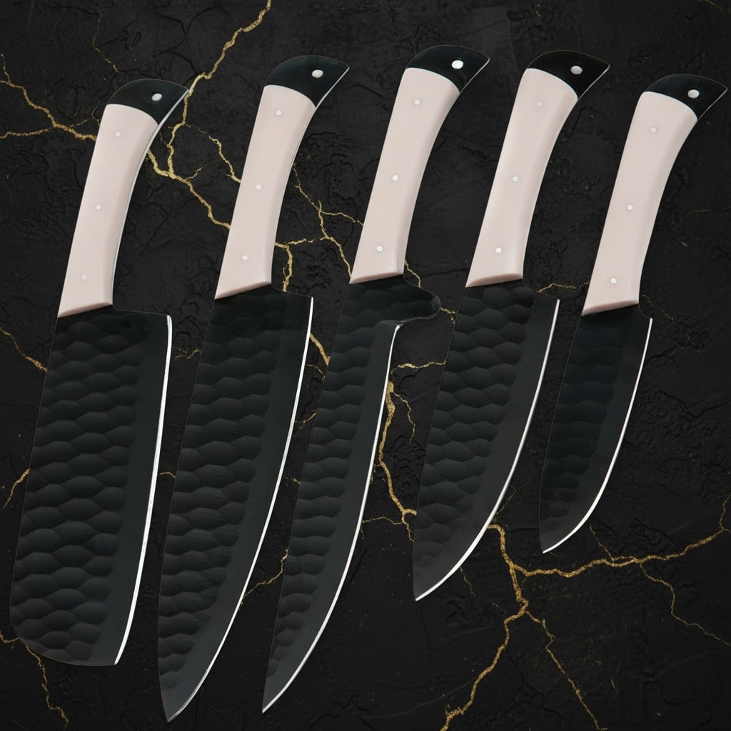 5pc Handmade D2 Steel Chef Knife Set Hammered Finish W/ Leather Roll Case: Title:5pc Handmade D2 Steel Chef Knife Set Hammered Finish W/ Leather Roll Case Description:This chef set includes five hand-forged knives and a cowhide leather carrying bag as shown in the images.