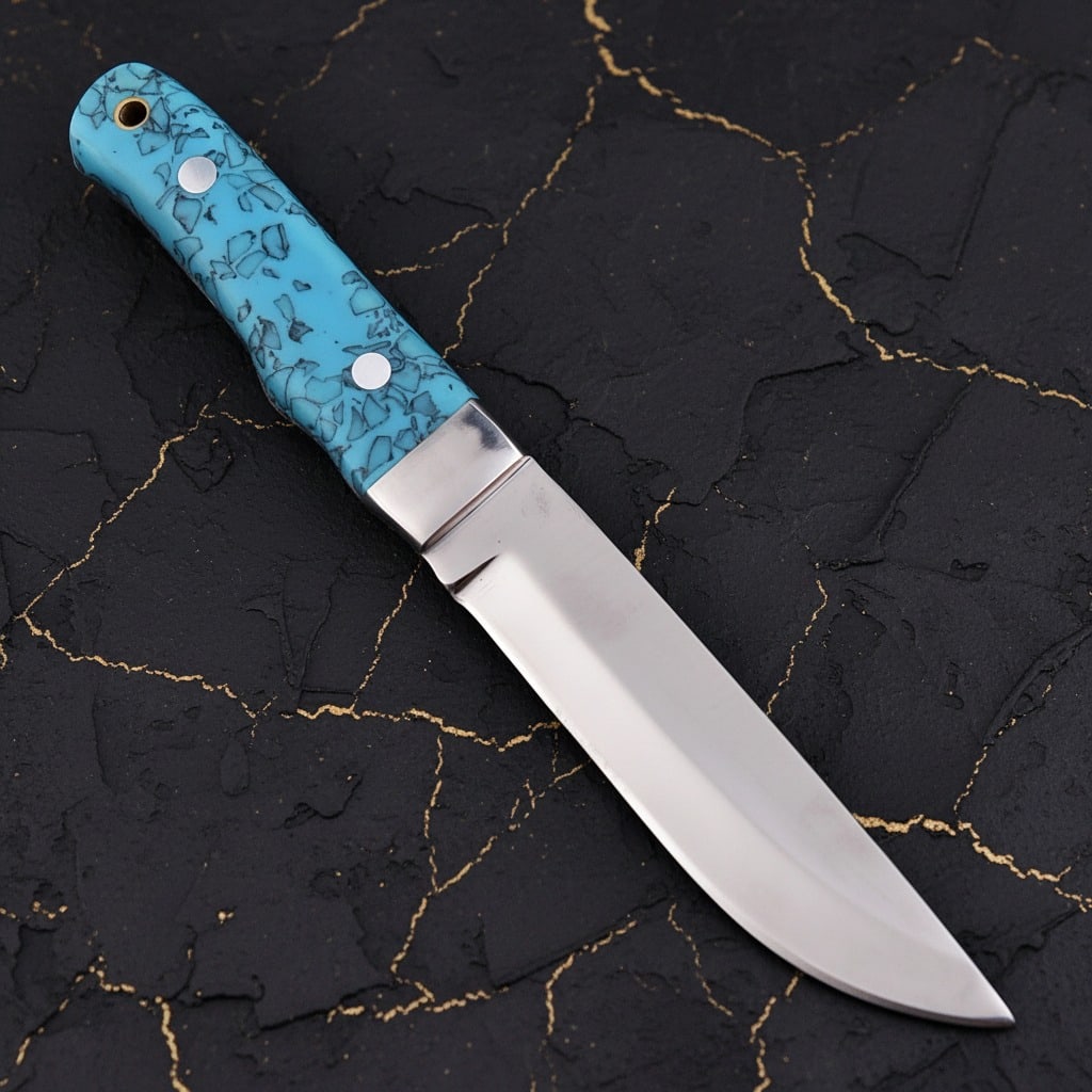 Artisan Drop Point Fixed Blade Hunting Knife with Turquoise Inlay Handle: Title:Artisan Drop Point Fixed Blade Hunting Knife with Turquoise Inlay Handle Description:This drop point field knife is a professionally crafted fixed blade designed for hunters, campers, and outdoo