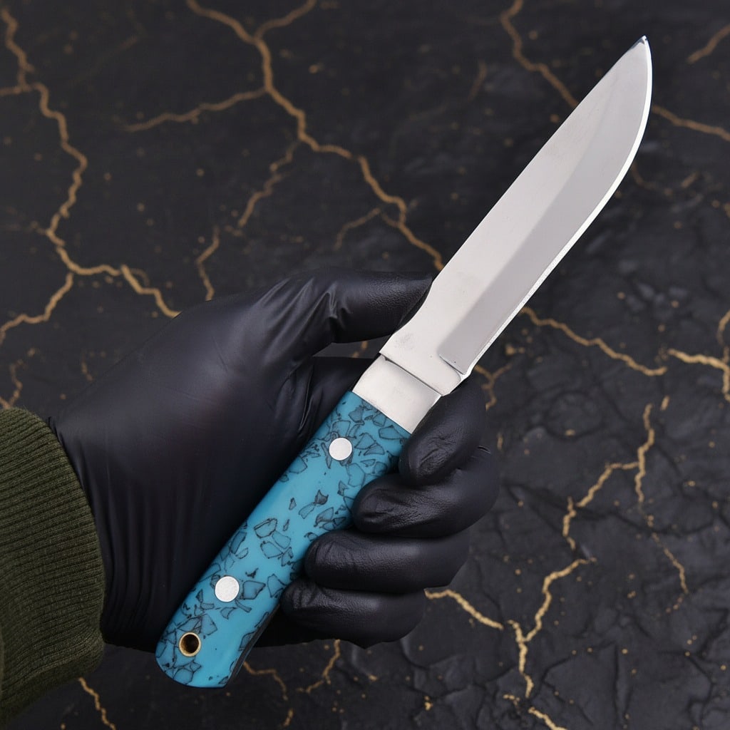 Artisan Drop Point Fixed Blade Hunting Knife with Turquoise Inlay Handle - 3