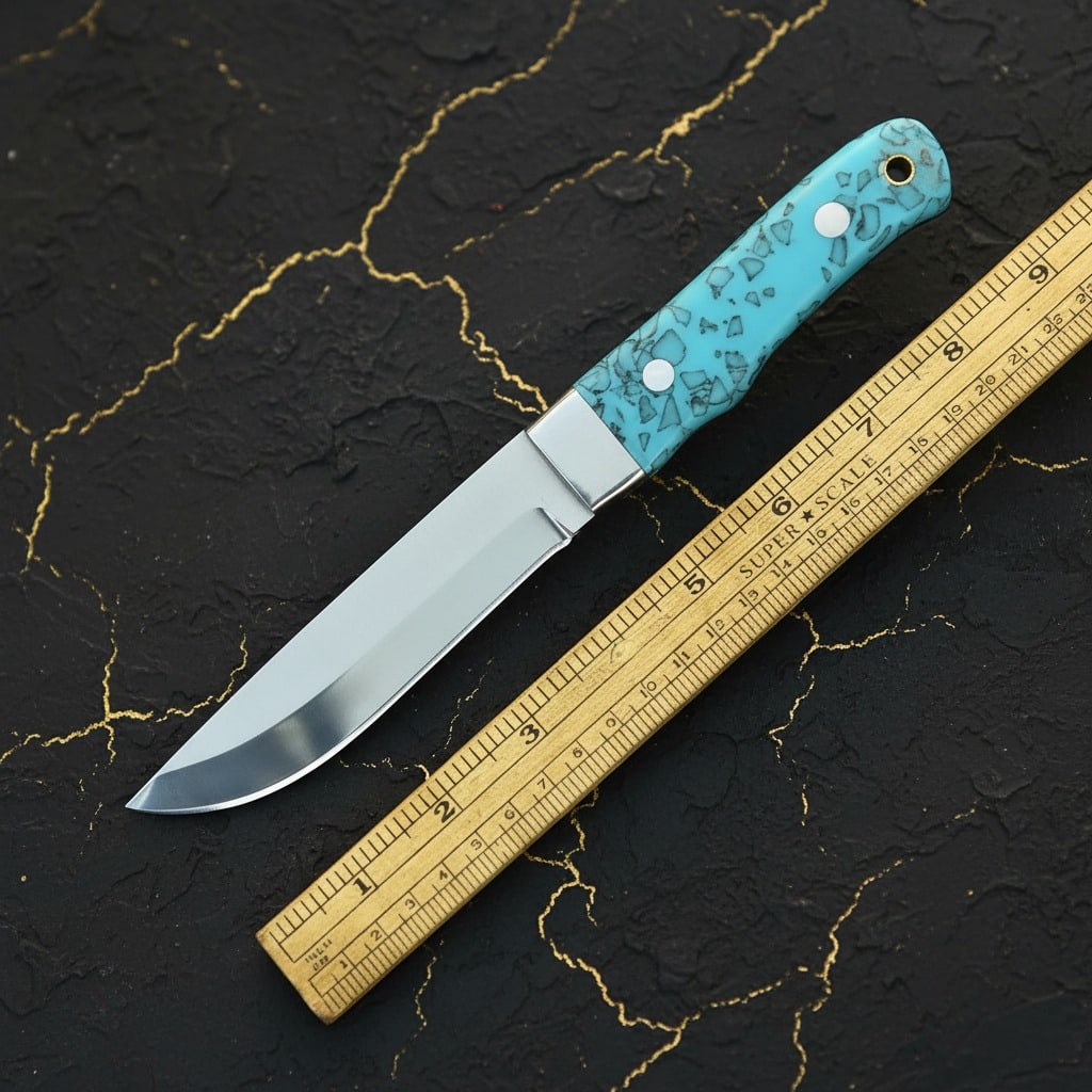 Artisan Drop Point Fixed Blade Hunting Knife with Turquoise Inlay Handle - 4