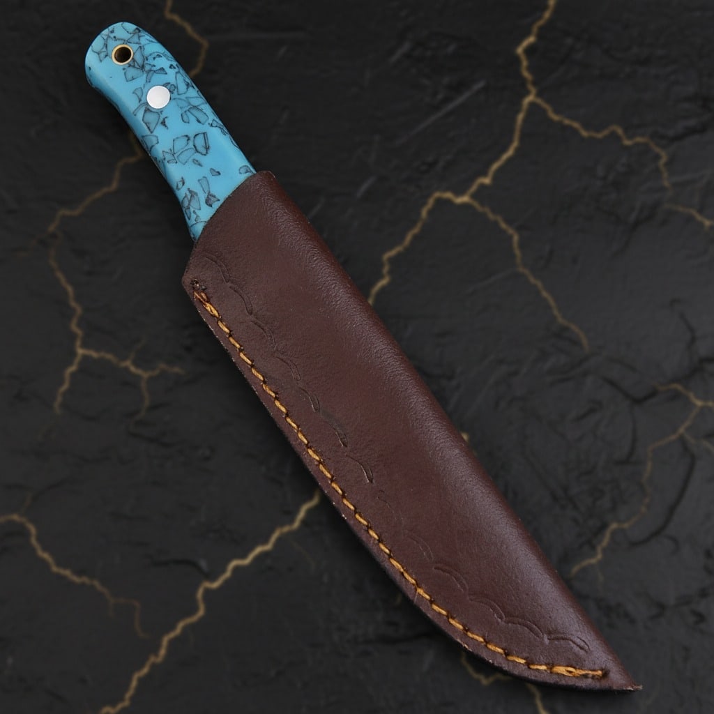 Artisan Drop Point Fixed Blade Hunting Knife with Turquoise Inlay Handle - 5