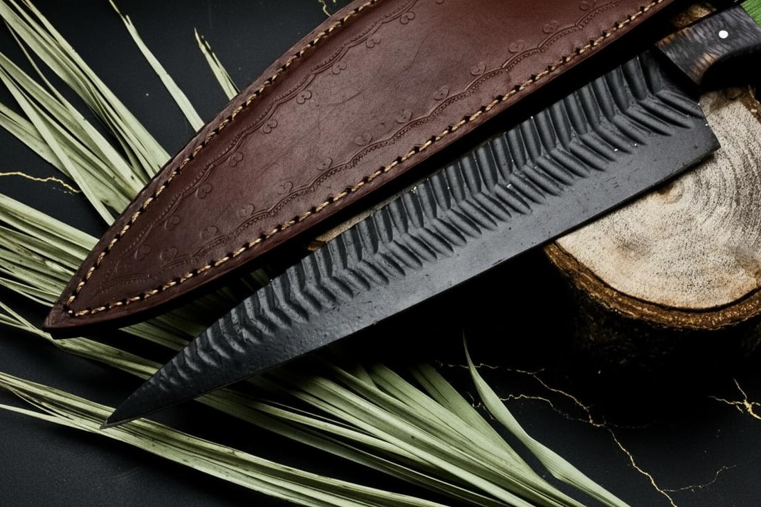 Custom Forged D2 Steel Chef Knife with Engraved Powder Coated Blade, Full Tang - 6