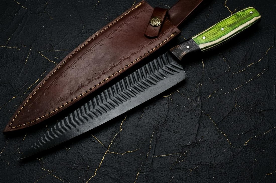 Custom Forged D2 Steel Chef Knife with Engraved Powder Coated Blade, Full Tang - 7