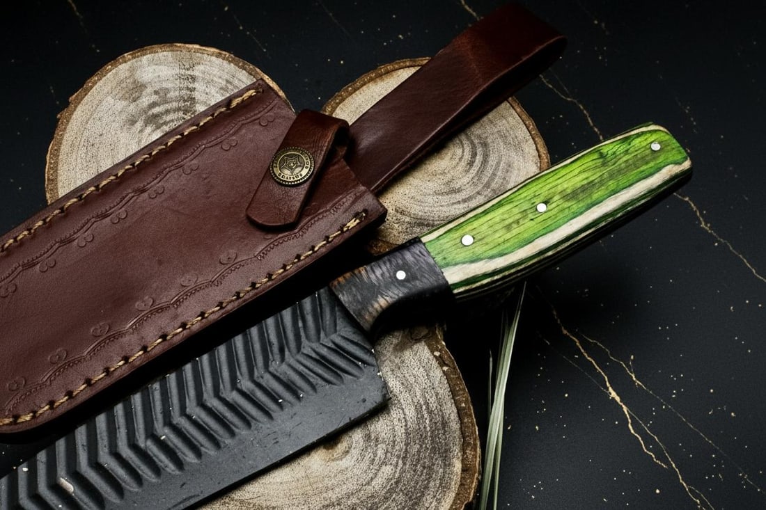 Custom Forged D2 Steel Chef Knife with Engraved Powder Coated Blade, Full Tang - 8