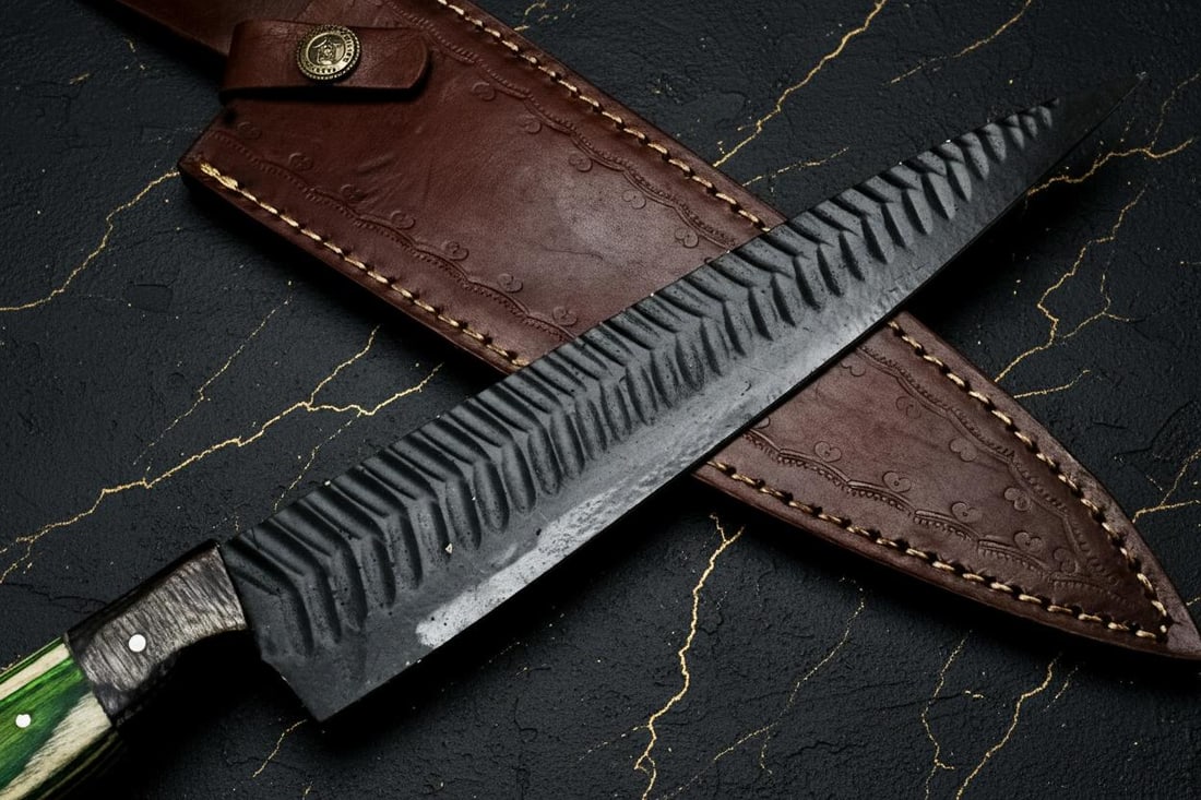 Custom Forged D2 Steel Chef Knife with Engraved Powder Coated Blade, Full Tang - 9