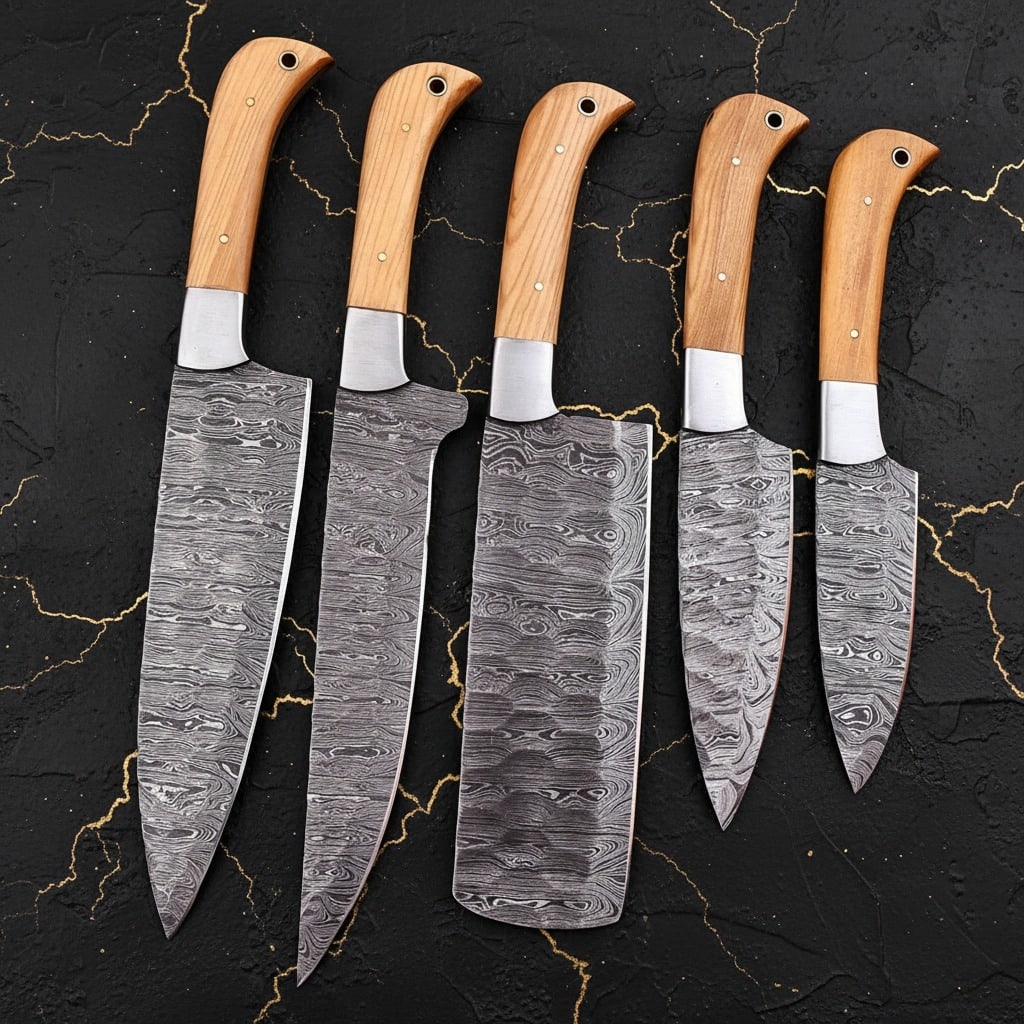 5 Pc Damascus Steel Chef Knife Set Hammered Blades Wood Handle Leather Roll: Title:5 Pc Damascus Steel Chef Knife Set Hammered Blades Wood Handle Leather Roll Description:This chef set includes five hand-forged knives and a cowhide leather carrying bag. Each item is