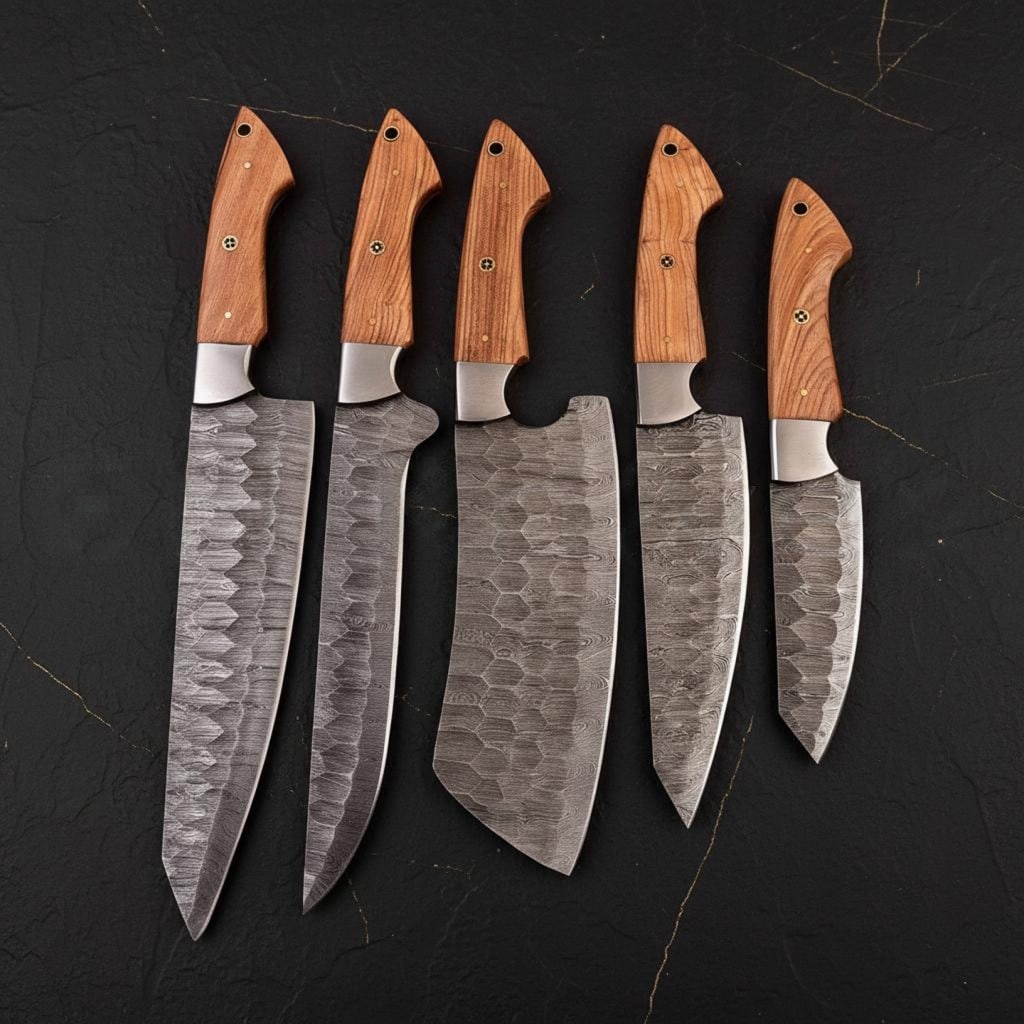 Twist Pattern Damascus Steel 5-Piece Chef Knife Set, Hand Forged Carbon Steel: Title:Twist Pattern Damascus Steel 5-Piece Chef Knife Set, Hand Forged Carbon Steel Description:This custom hand-forged 5-piece kitchen knife set is designed for exceptional performance and durability