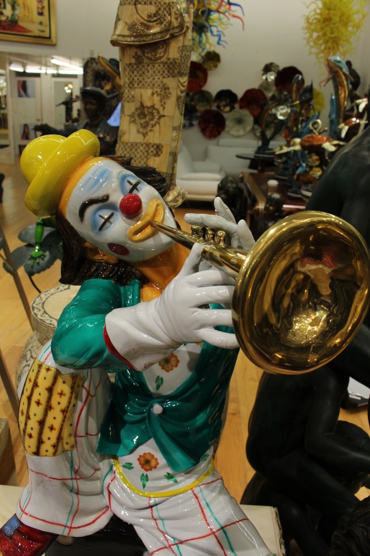 Colorful Clown Playing Instrument Bronze Statue - Size: 18"L x 13"W x 31"H. - 6