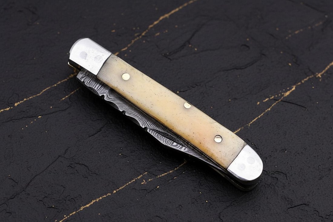 Camel Bone Handle Mini Trapper Pocket Knife, Hand Forged Twisted Damascus Steel: Title:Camel Bone Handle Mini Trapper Pocket Knife, Hand Forged Twisted Damascus Steel Description:This listing is for a beautiful, handmade mini trapper folding pocket knife. The hand forged blade is 