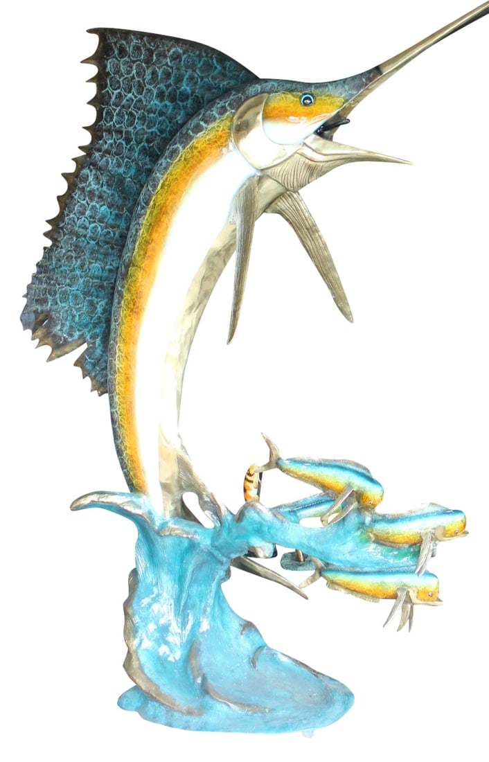 Sailfish - large with 4 Mahi Mahi Bronze Statue - fountain - 90"L x 34"W x 90"H: Title:Sailfish - large with 4 Mahi Mahi Bronze Statue - fountain - 90"L x 34"W x 90"H Description:A beautiful very large Sailfish jumping off the water with some Mahi Mahi fish swimming in the ocean n