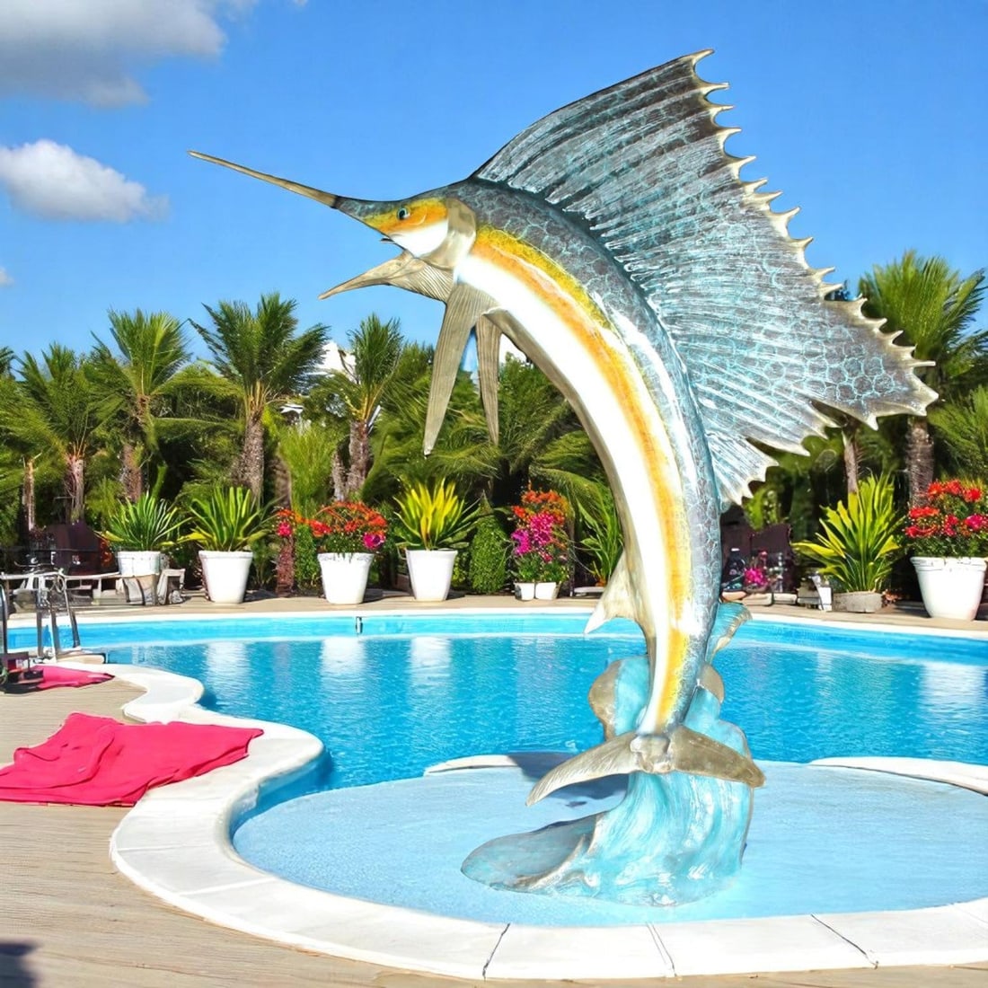 Sailfish - large with 4 Mahi Mahi Bronze Statue - fountain - 90"L x 34"W x 90"H - 3