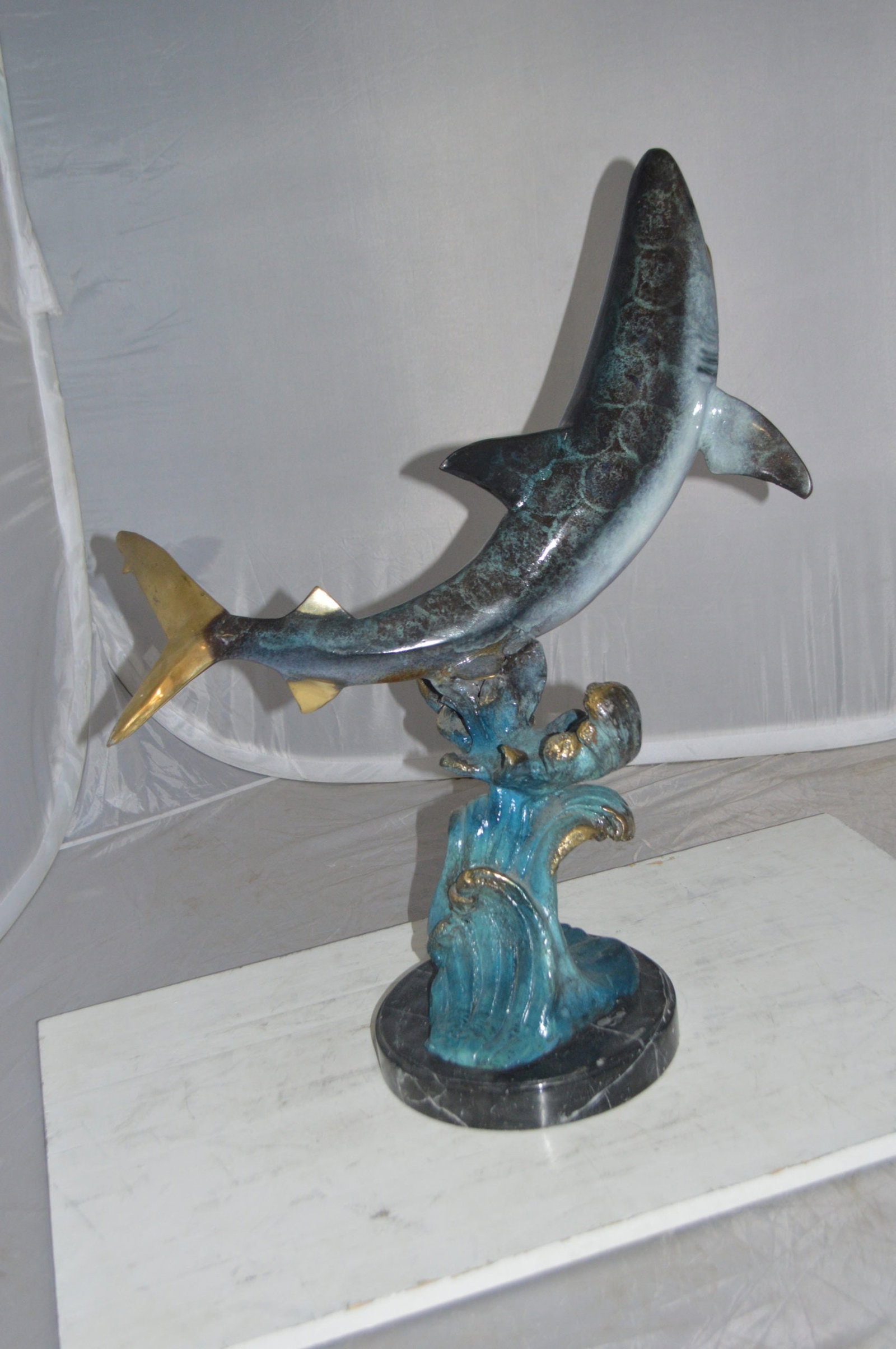 Shark Jumping off the water Bronze Statue - Size: 14"L x 24"W x 28"H. - 10