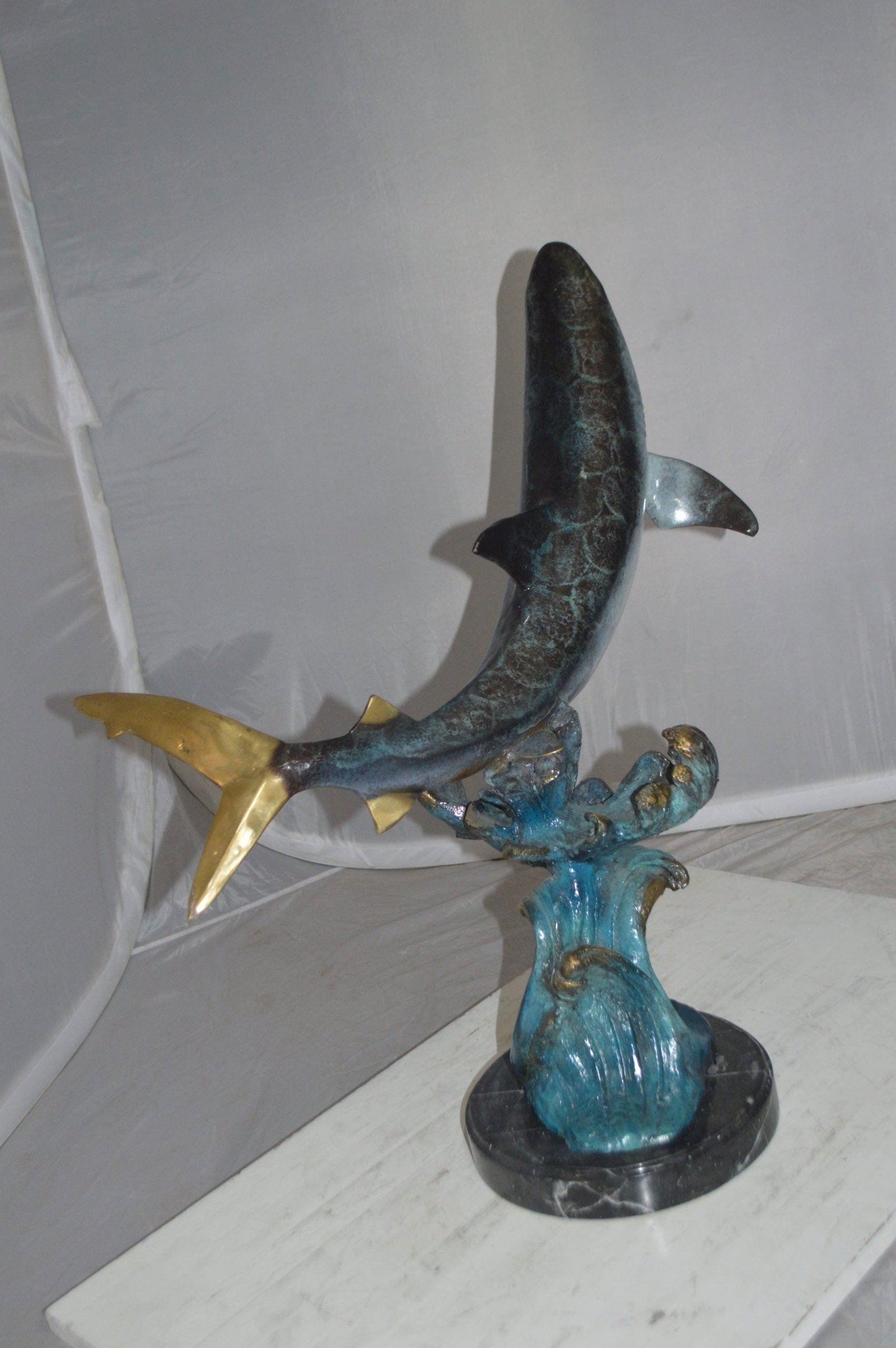 Shark Jumping off the water Bronze Statue - Size: 14"L x 24"W x 28"H. - 11