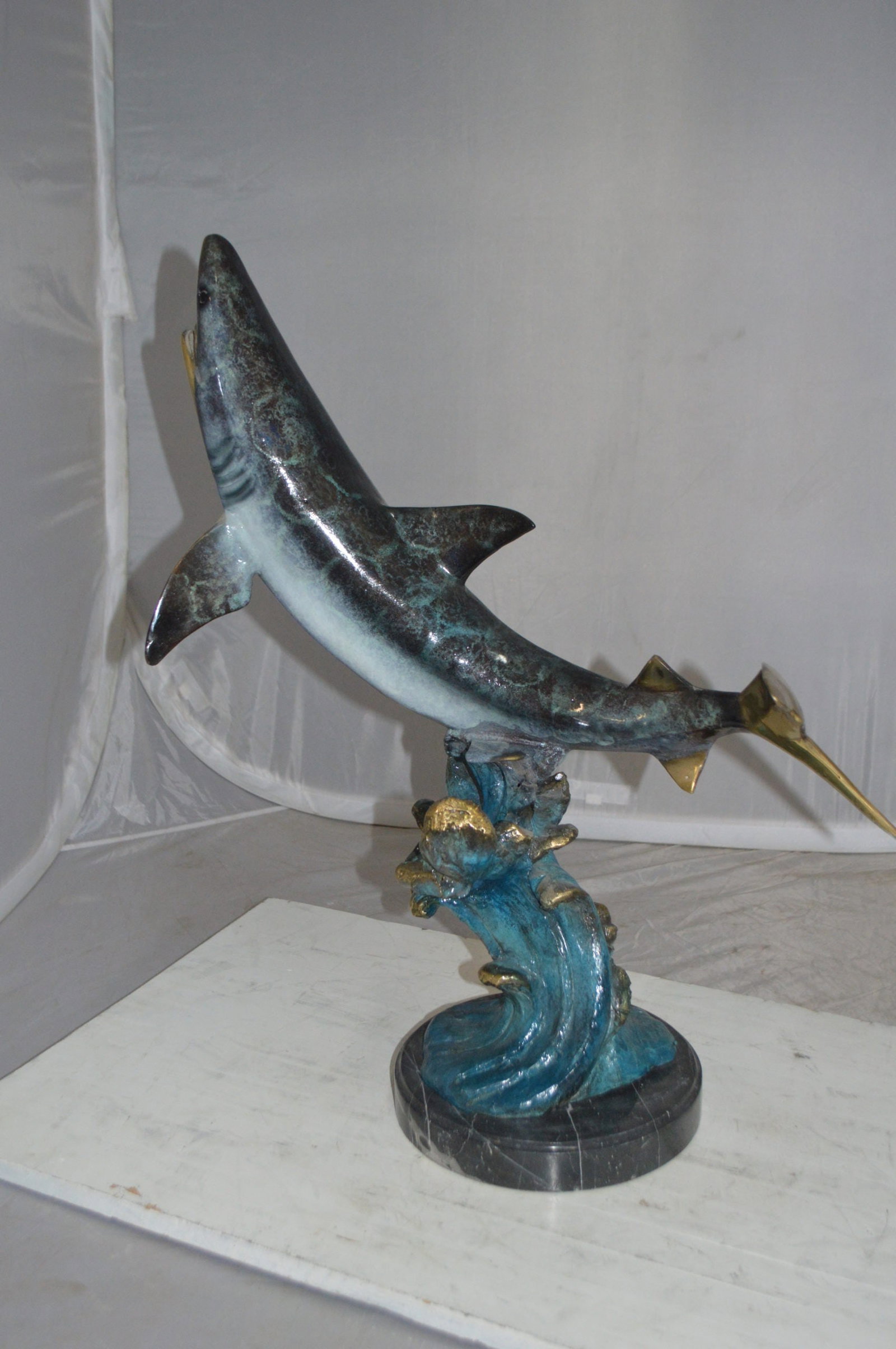 Shark Jumping off the water Bronze Statue - Size: 14"L x 24"W x 28"H. - 14