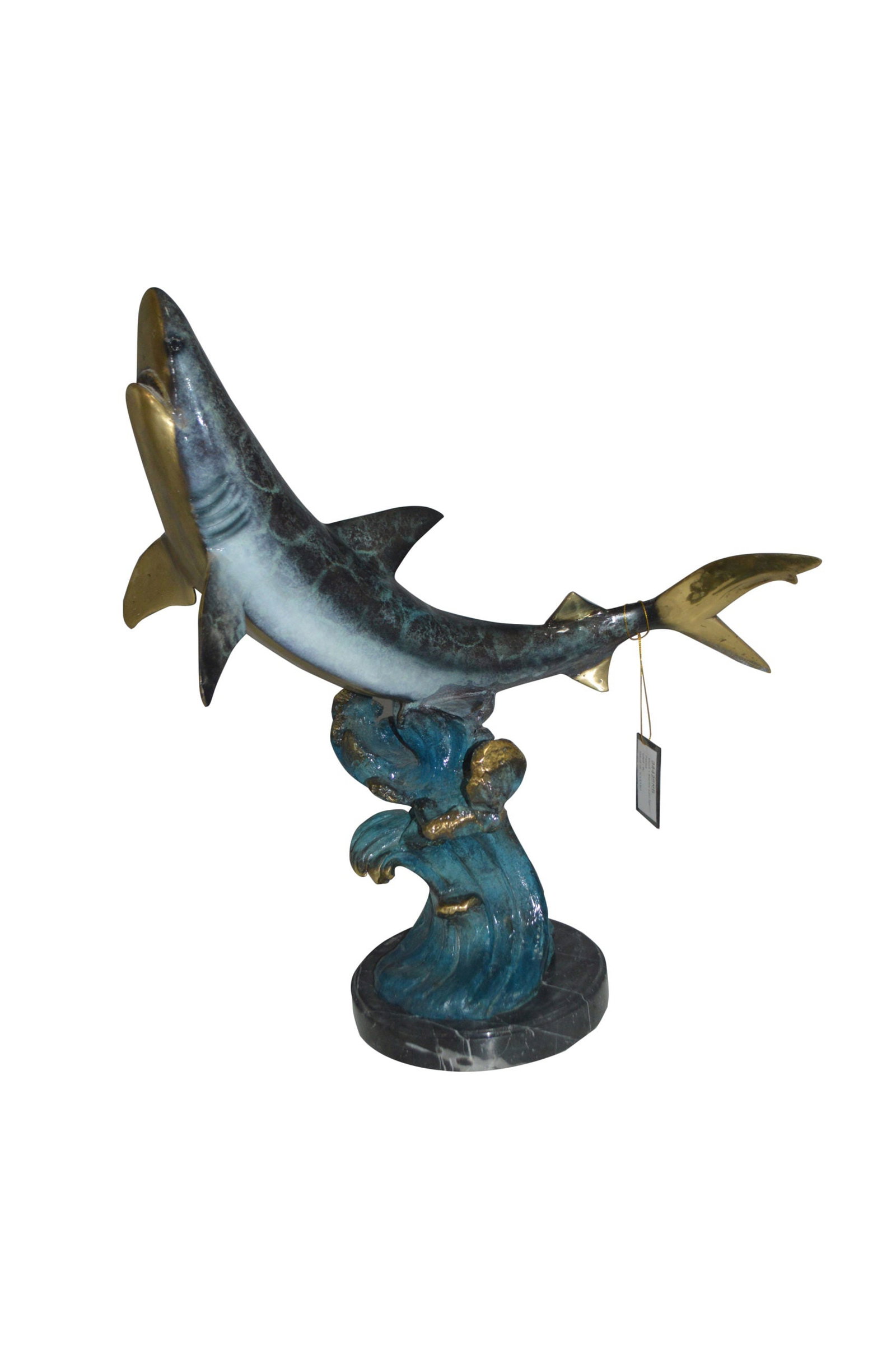 Shark Jumping off the water Bronze Statue - Size: 14"L x 24"W x 28"H.: Title:Shark Jumping off the water Bronze Statue - Size: 14"L x 24"W x 28"H. Description:A beautiful Shark jumping out of the ocean standing sculpture on a marble base. Featuring in a natural form a bi
