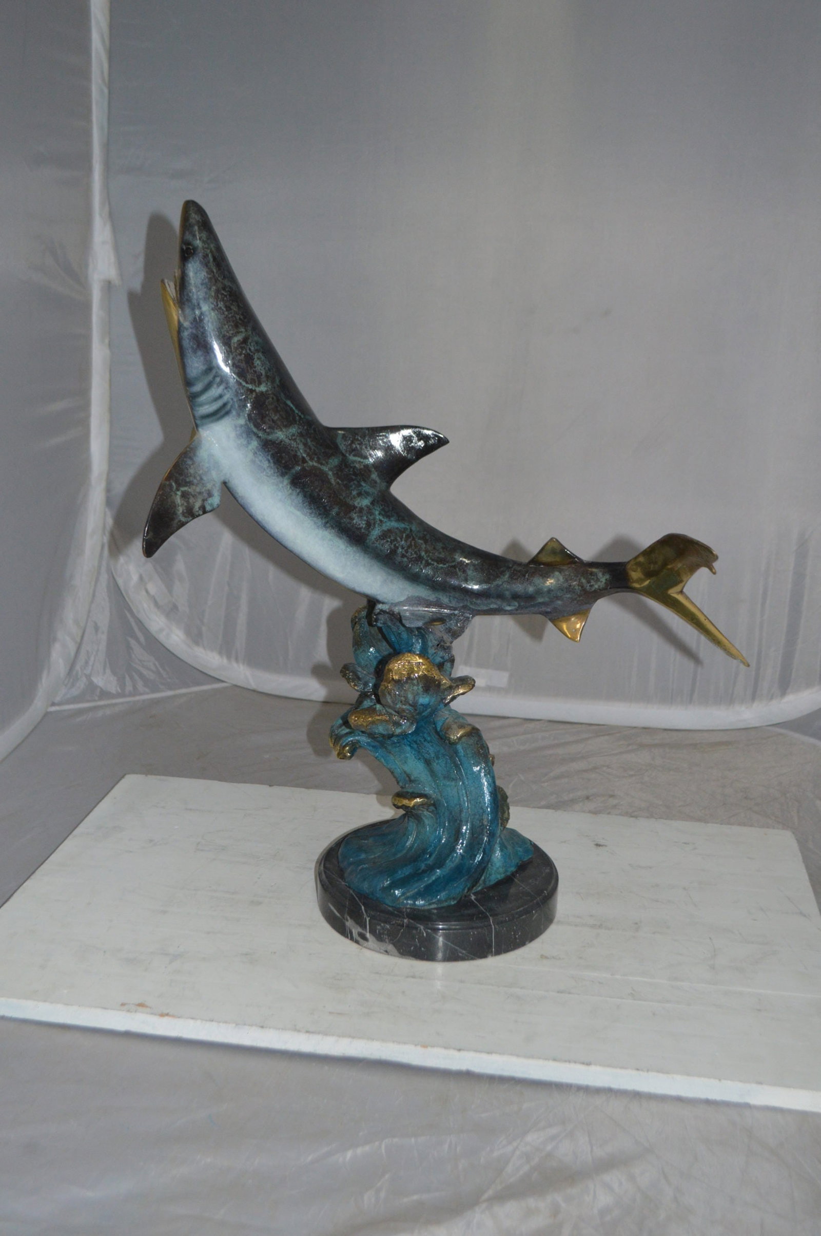 Shark Jumping off the water Bronze Statue - Size: 14"L x 24"W x 28"H. - 5