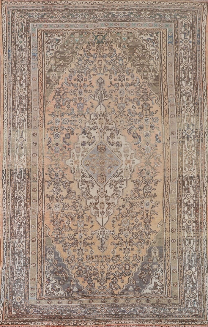 7x10 Hand-Woven Traditional Area Rug Muted Geometric Distressed Carpet: Title:7x10 Hand-Woven Traditional Area Rug Muted Geometric Distressed Carpet Description:This one-of-a-kind, hand-knotted area rug features a traditional geometric design with a distressed vintage aes