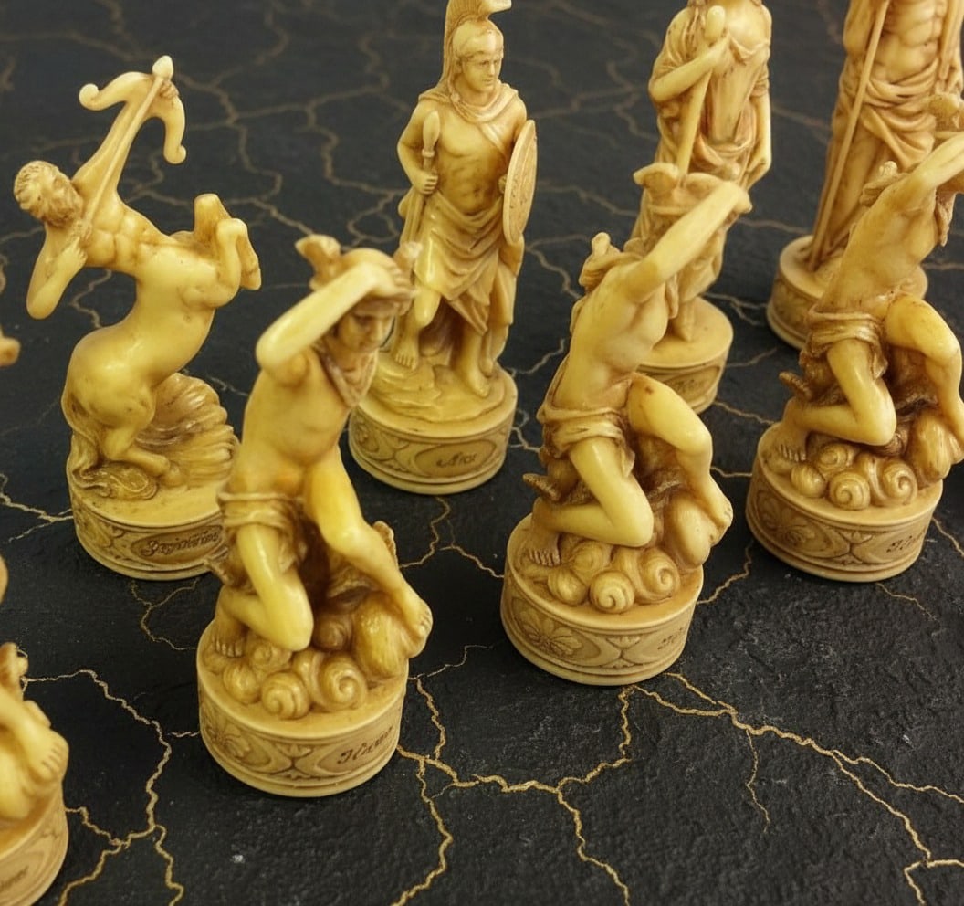 Ancient Mythology Themed Chess Set with 17-inch Mosaic Pattern Board - 8