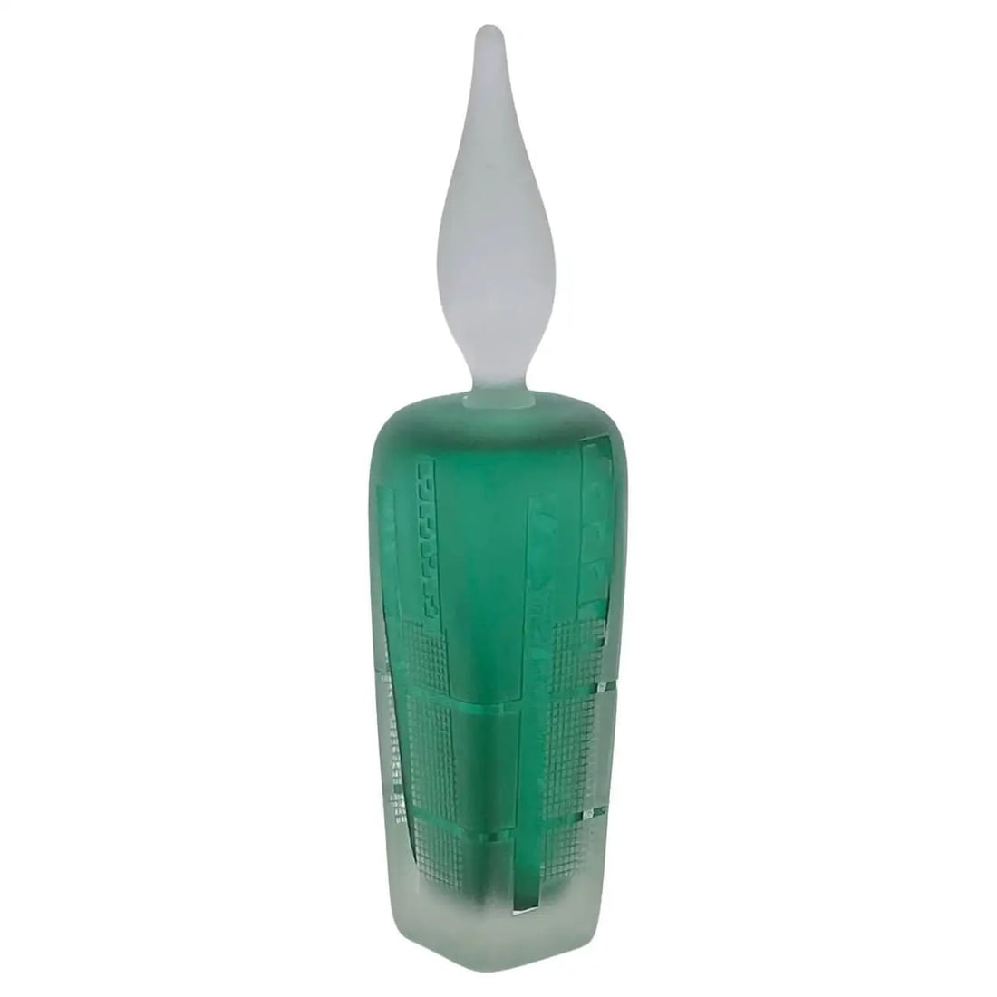 Hand Blown Celestial Art Glass Perfume Bottle: This is a hand blown art glass perfume bottle. The green frost body of the bottle is etched with high tech geometric patterns. There is a candle flame shaped frosted glass dauber. Signed Grant on the 