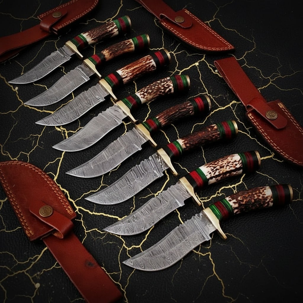 Set of 10 Handmade Damascus Steel Skinner Knives 8" Fixed Blade Hunting Gear (1 of 7)