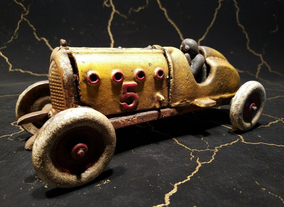 Vintage Yellow Cast Iron Racing Toy Car #5 Vehicle with Opening Hood - 4