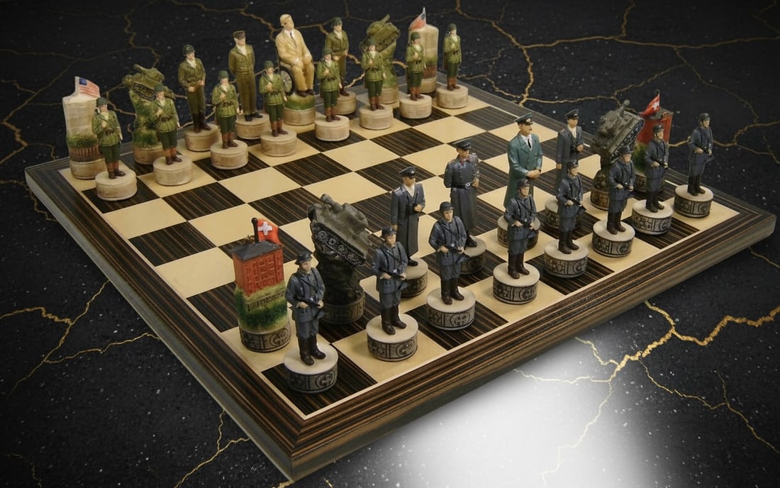 14" Wooden Chess Set WWII USA vs Germany Theme Ebony & Maple Board: Title:14" Wooden Chess Set WWII USA vs Germany Theme Ebony & Maple Board Description:This World War 2 themed chess set features 32 hand-painted pieces crafted from solid resin, complete with protectiv