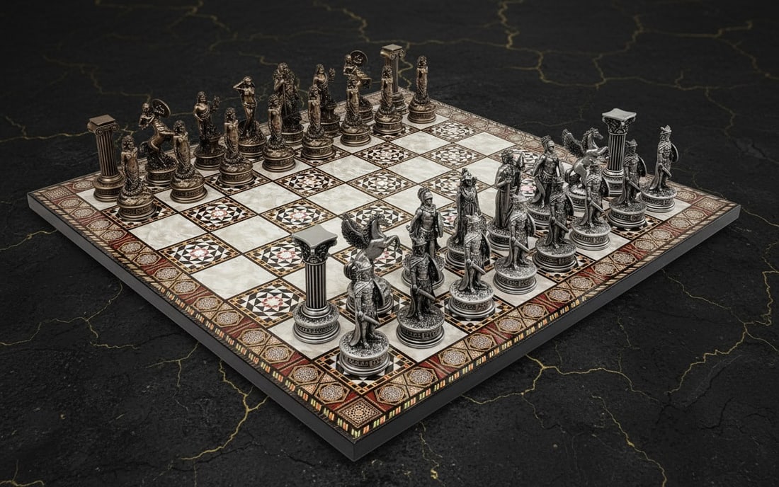 17" Mosaic Chess Set Greek Olympus Gods Theme Bronze Pewter Finish Board - 3
