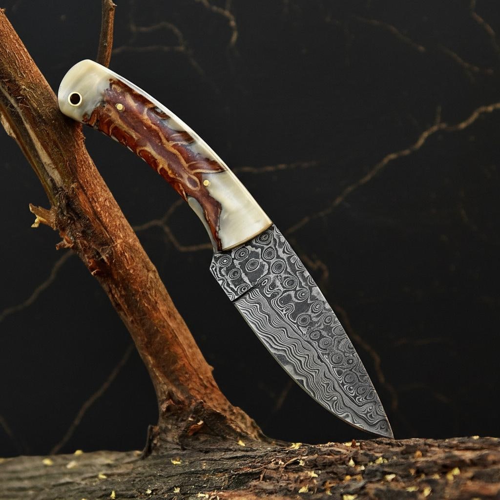 Handmade Damascus Skinner Knife, Rain Pattern Fixed Blade with Pinecone Handle - 5