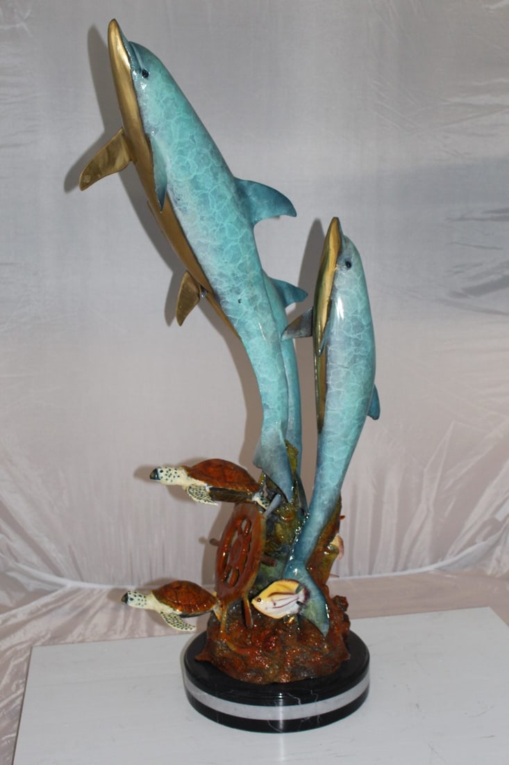 Three Dolphins W turtles and fish Bronze Statue - Size: 16"L x 16"W x 40"H. - 9