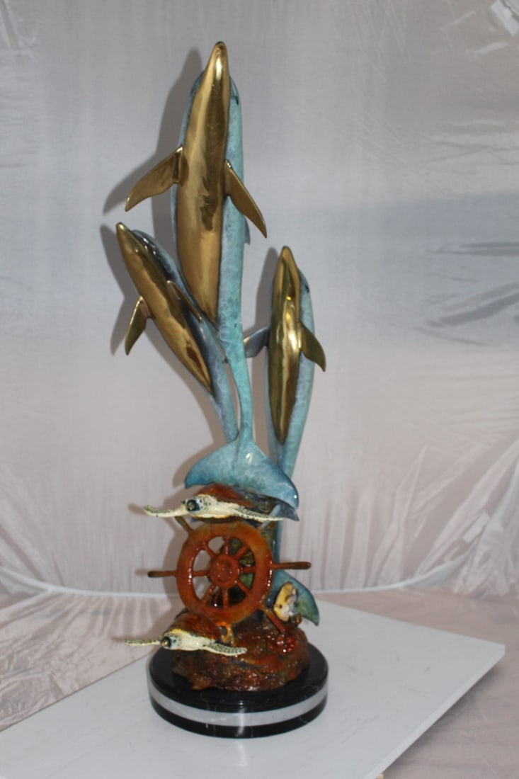 Three Dolphins W turtles and fish Bronze Statue - Size: 16"L x 16"W x 40"H. - 10