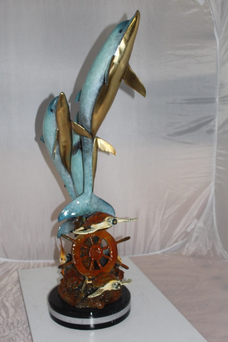 Three Dolphins W turtles and fish Bronze Statue - Size: 16"L x 16"W x 40"H. - 11
