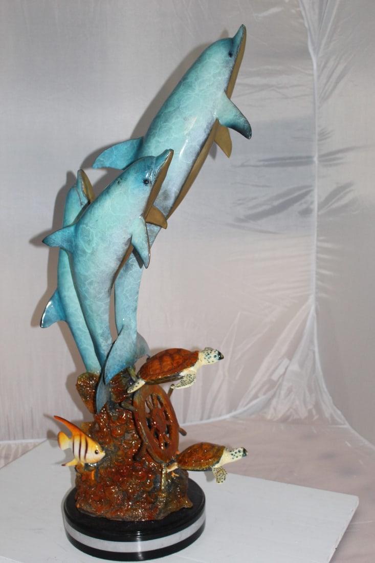 Three Dolphins W turtles and fish Bronze Statue - Size: 16"L x 16"W x 40"H. - 12