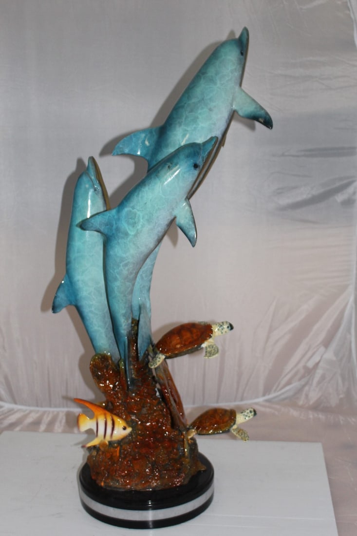 Three Dolphins W turtles and fish Bronze Statue - Size: 16"L x 16"W x 40"H. - 13