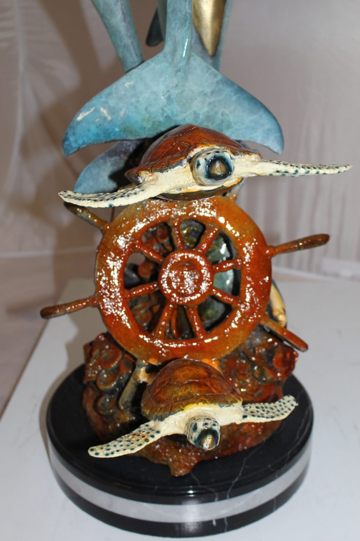 Three Dolphins W turtles and fish Bronze Statue - Size: 16"L x 16"W x 40"H. - 14
