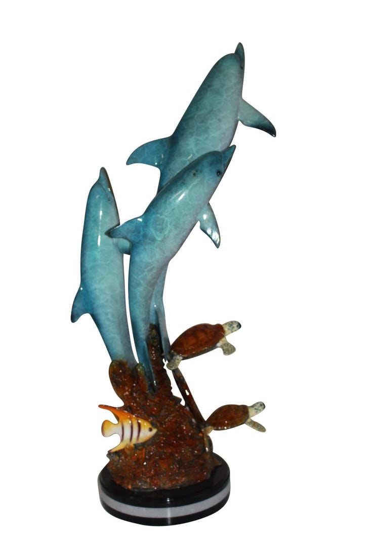 Three Dolphins W turtles and fish Bronze Statue - Size: 16"L x 16"W x 40"H.: Title:Three Dolphins W turtles and fish Bronze Statue - Size: 16"L x 16"W x 40"H. Description:Surprise your garden guests with this realistic outdoor Bronze Statue of two Dolphins along with fish and