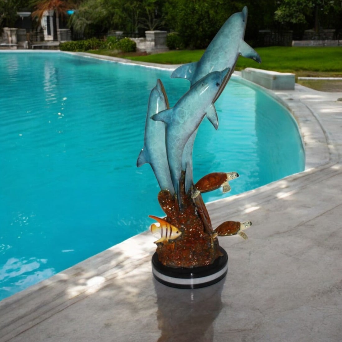 Three Dolphins W turtles and fish Bronze Statue - Size: 16"L x 16"W x 40"H. - 2