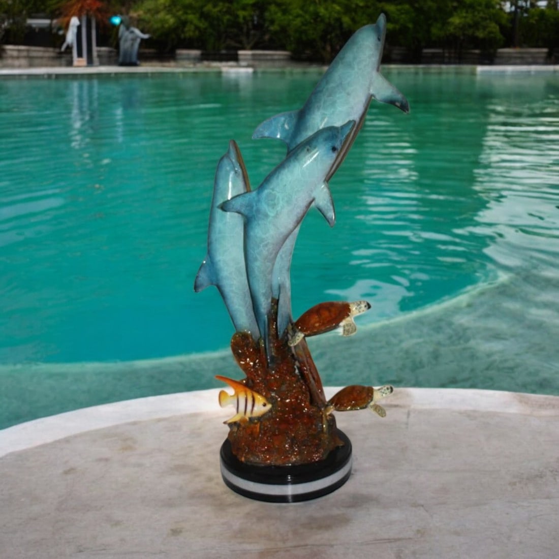 Three Dolphins W turtles and fish Bronze Statue - Size: 16"L x 16"W x 40"H. - 3