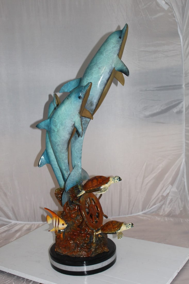 Three Dolphins W turtles and fish Bronze Statue - Size: 16"L x 16"W x 40"H. - 5