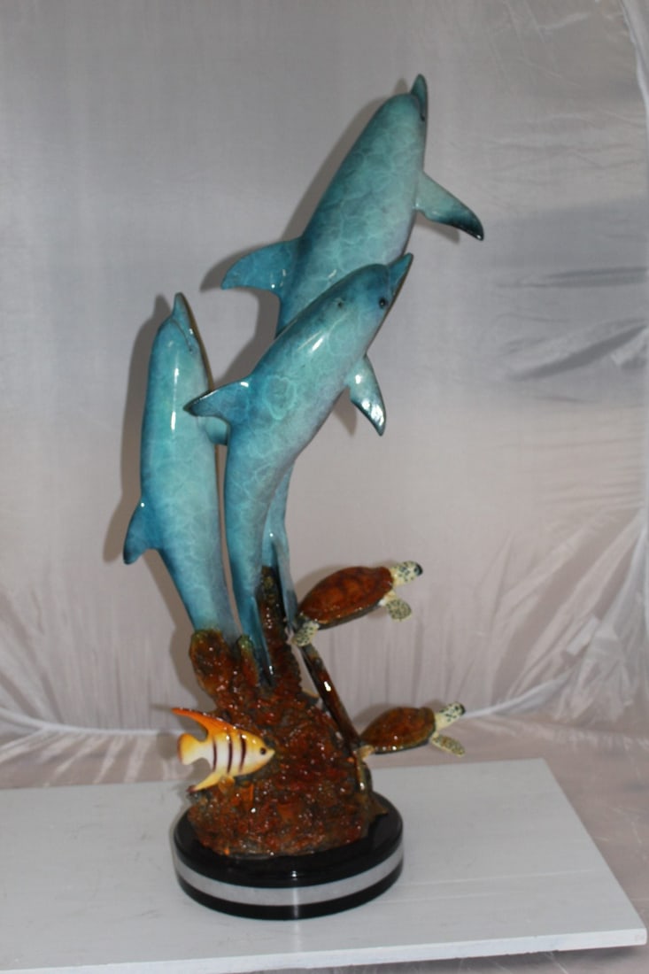 Three Dolphins W turtles and fish Bronze Statue - Size: 16"L x 16"W x 40"H. - 6