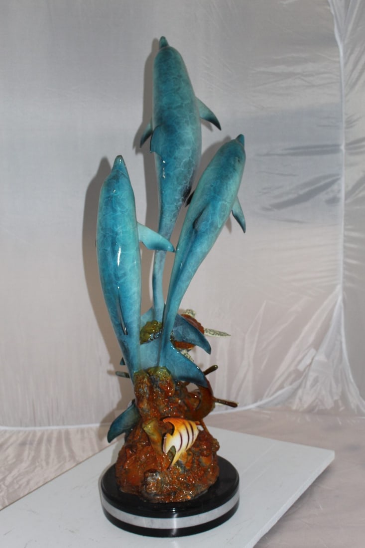Three Dolphins W turtles and fish Bronze Statue - Size: 16"L x 16"W x 40"H. - 7