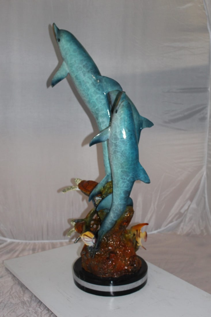 Three Dolphins W turtles and fish Bronze Statue - Size: 16"L x 16"W x 40"H. - 8