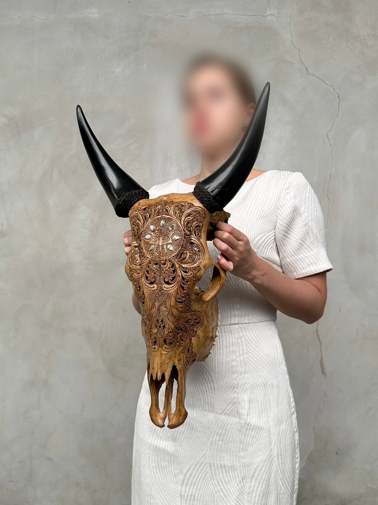 Stunning brown cow skull - Peacock motif with abalone inlay - 3