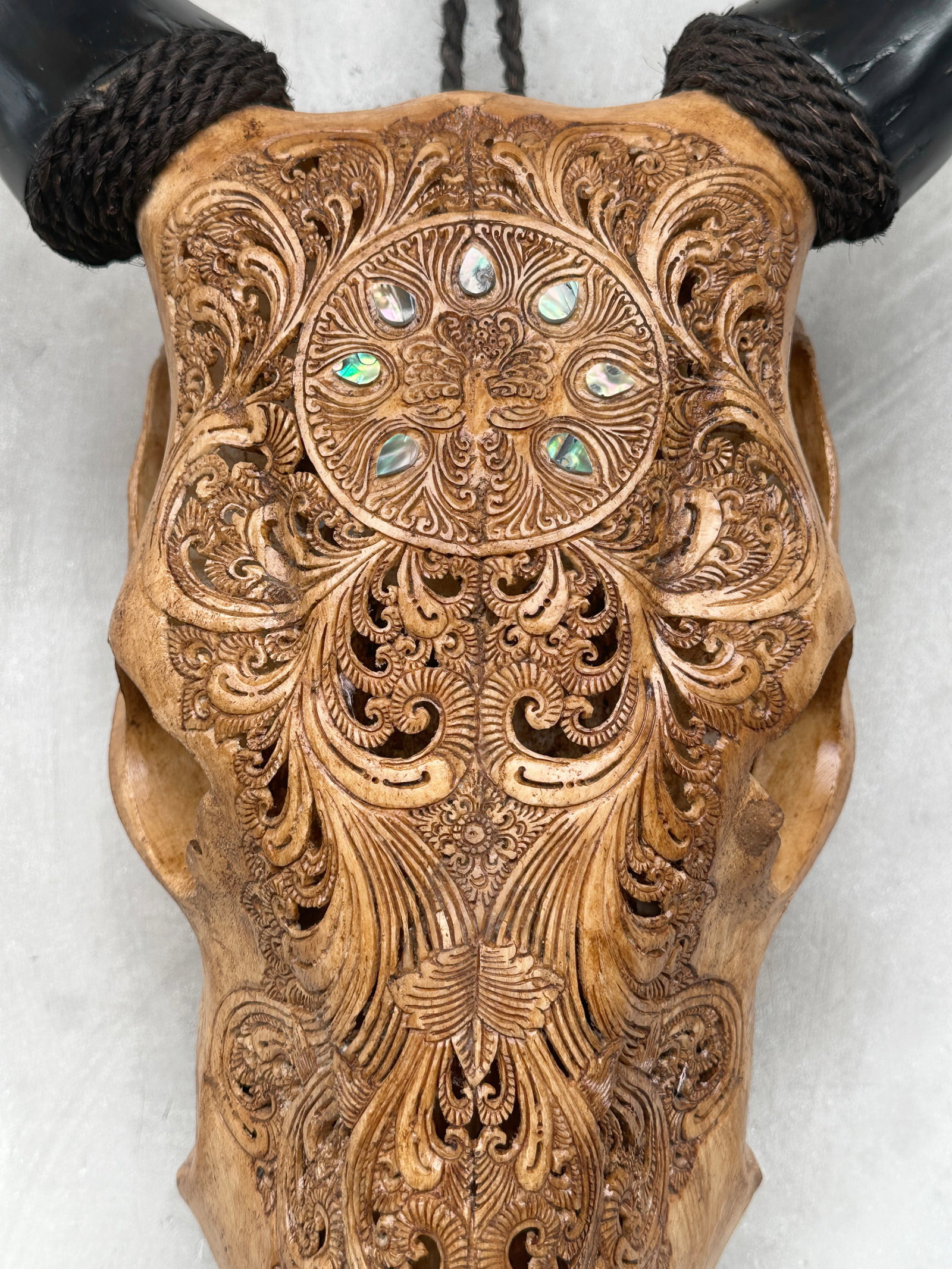 Stunning brown cow skull - Peacock motif with abalone inlay - 4