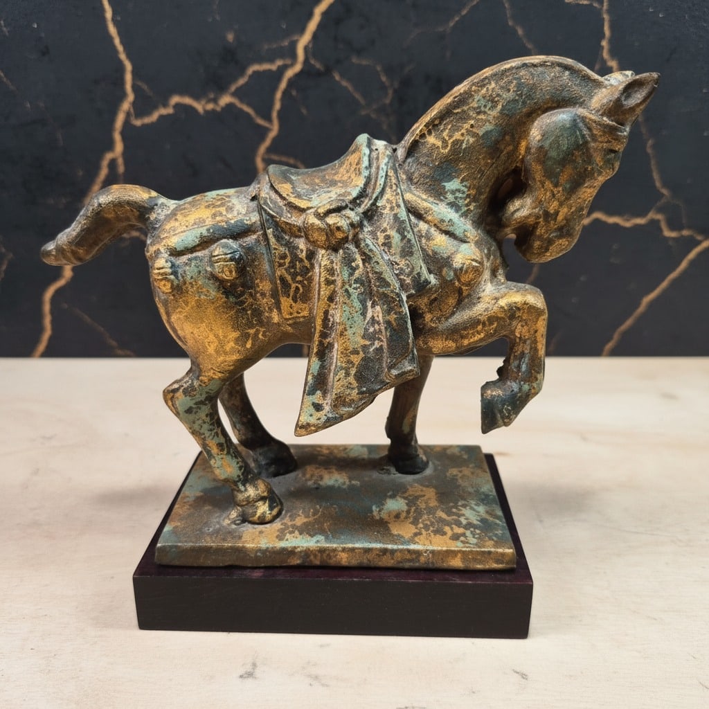 Pair of Antique Style Cast Iron Tang Dynasty War Horse Sculptures 2pc Set - 10