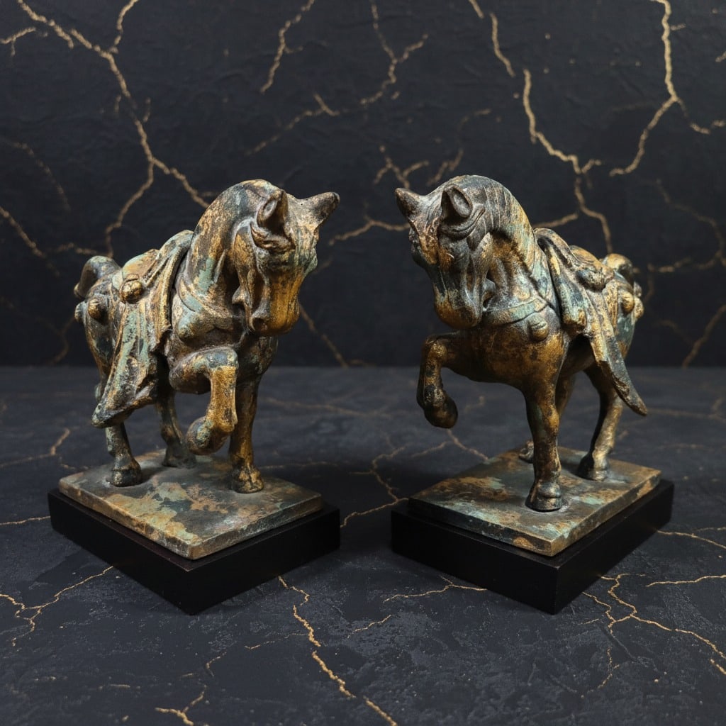 Pair of Antique Style Cast Iron Tang Dynasty War Horse Sculptures 2pc Set (1 of 10)