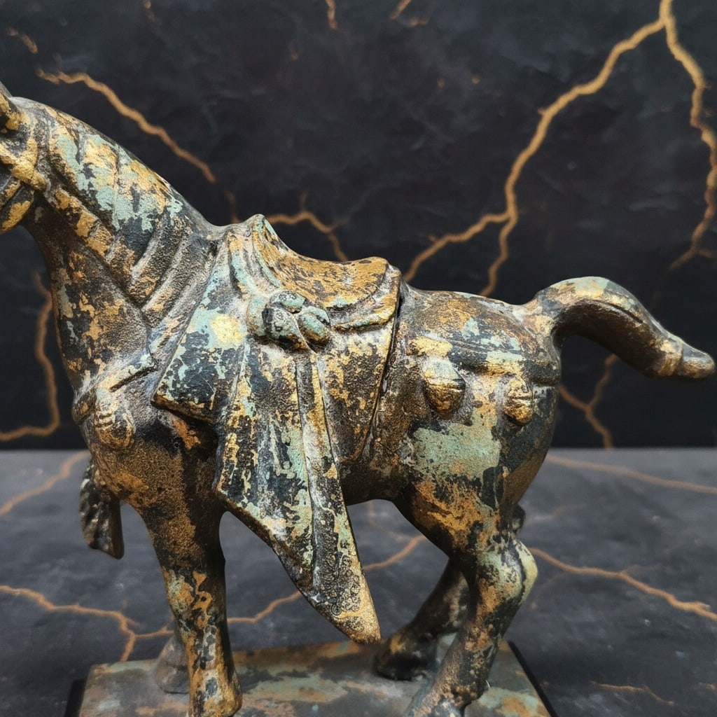 Pair of Antique Style Cast Iron Tang Dynasty War Horse Sculptures 2pc Set - 2